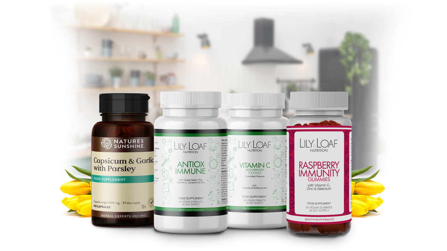 Lily & Loaf's supplement lineup for immunity, featuring natural ingredients for health support.