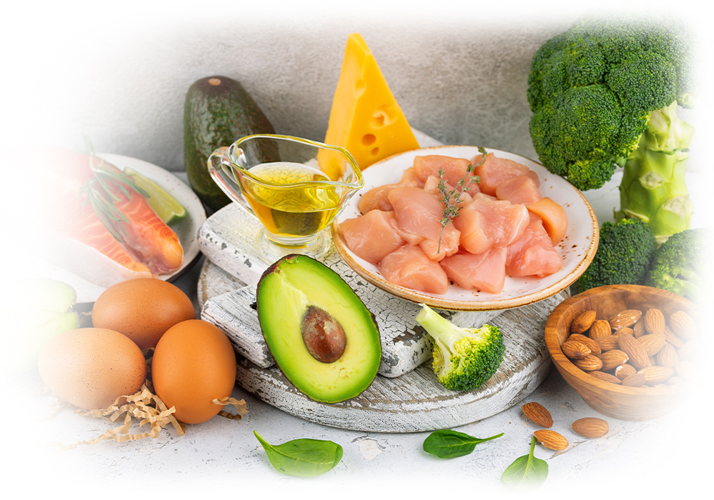 Protein-rich foods display, from avocados to salmon, echoing Lily & Loaf's commitment to nutrition.