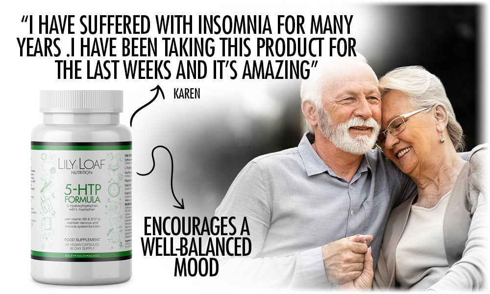 Elderly couple embracing, happy with Lily & Loaf 5-HTP for mood and sleep support.