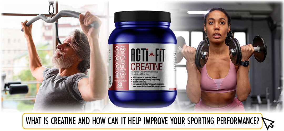 Elderly man and young woman working out with Lily & Loaf's ACTI-FIT CREATINE supplement in the middle, endorsing enhanced athletic performance.