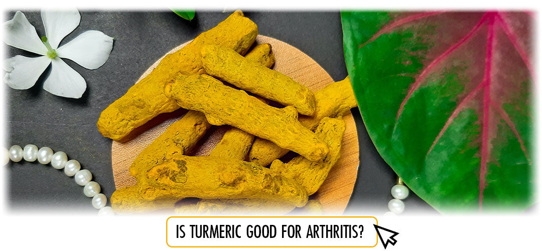 Turmeric on a wooden board with a question 'Is turmeric good for arthritis?' Lily & Loaf wellness inquiry.