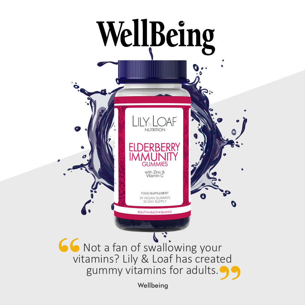 Lily & Loaf Elderberry Immunity Gummies bottle, adult vitamin supplement, endorsed by Wellbeing.