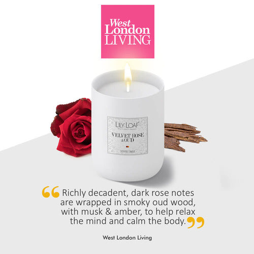 Velvet Rose and Oud candle with West London Living magazine logo and extract of text from article