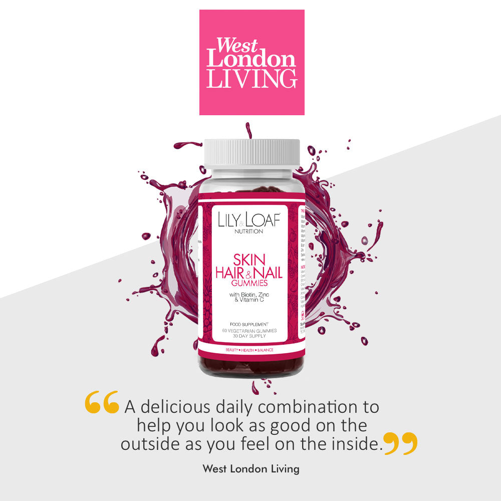 Bottle of Lily & Loaf’s Skin, Hair & Nails Gummies splashed in pink, recommended by West London Living.