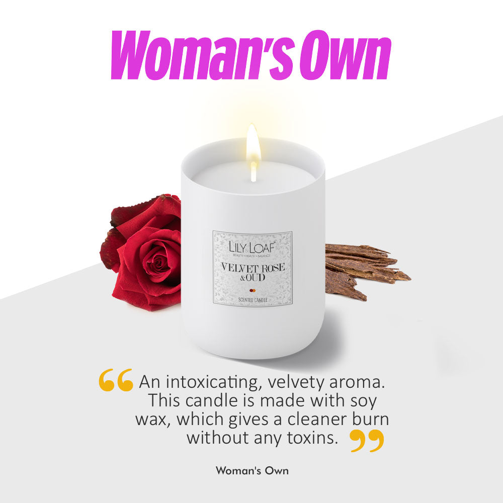 Lily & Loaf's Velvet Rose & Oud candle with red rose, featured in Woman's Own for a luxurious aroma.
