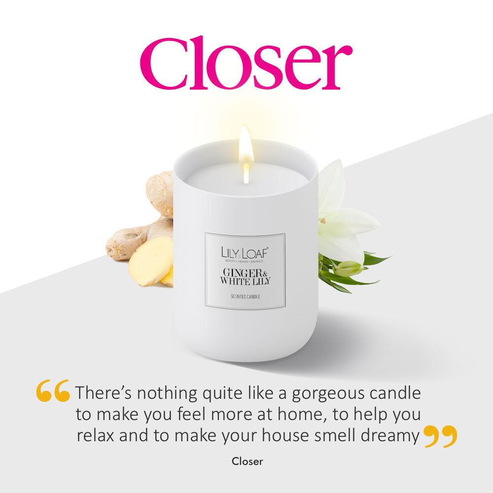 Ginger and White Lily candle with Closer magazine logo and extract of text from article