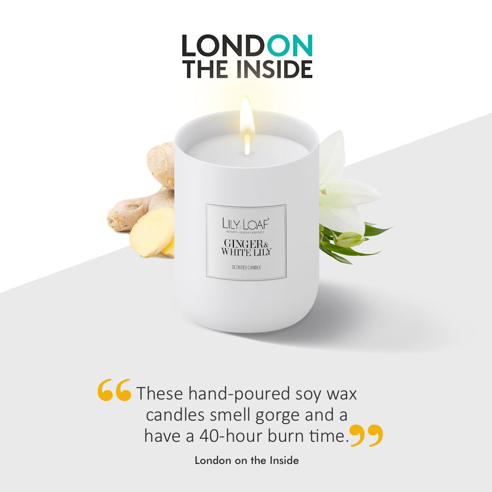 Lily & Loaf's Ginger & White Lily candle, highlighted by London on the Inside, for a long-lasting scent.