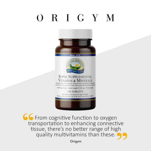 Super Supplemental Vitamins bottle with ORIGYM magazine logo and extract of text from article