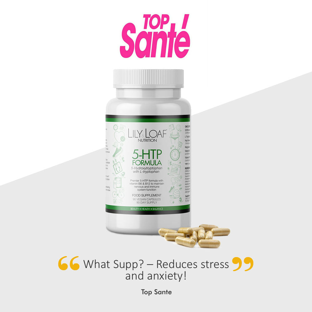 Lily & Loaf's 5-HTP supplement bottles as seen in Top Santé, for stress relief and improved mood.