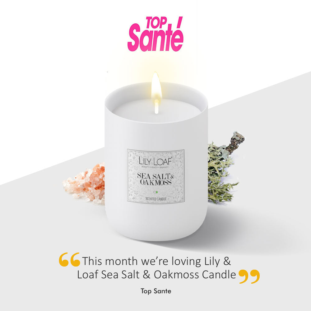 Lily & Loaf’s Sea Salt & Oakmoss Candle, praised in Top Santé for its serene aroma and ambiance.