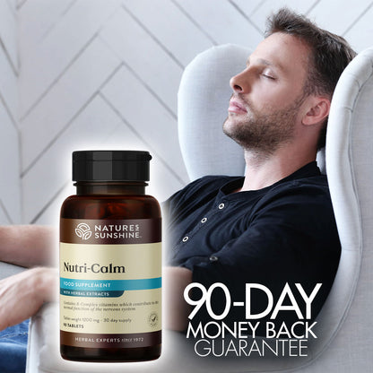Pot of Nutri-Calm next to man sound asleep, 90-day money-back guarantee is mentioned