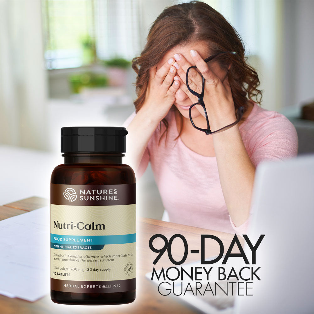 Pot of Nutri-Calm next to woman looking stressed - 90-day money-back guarantee is mentioned.