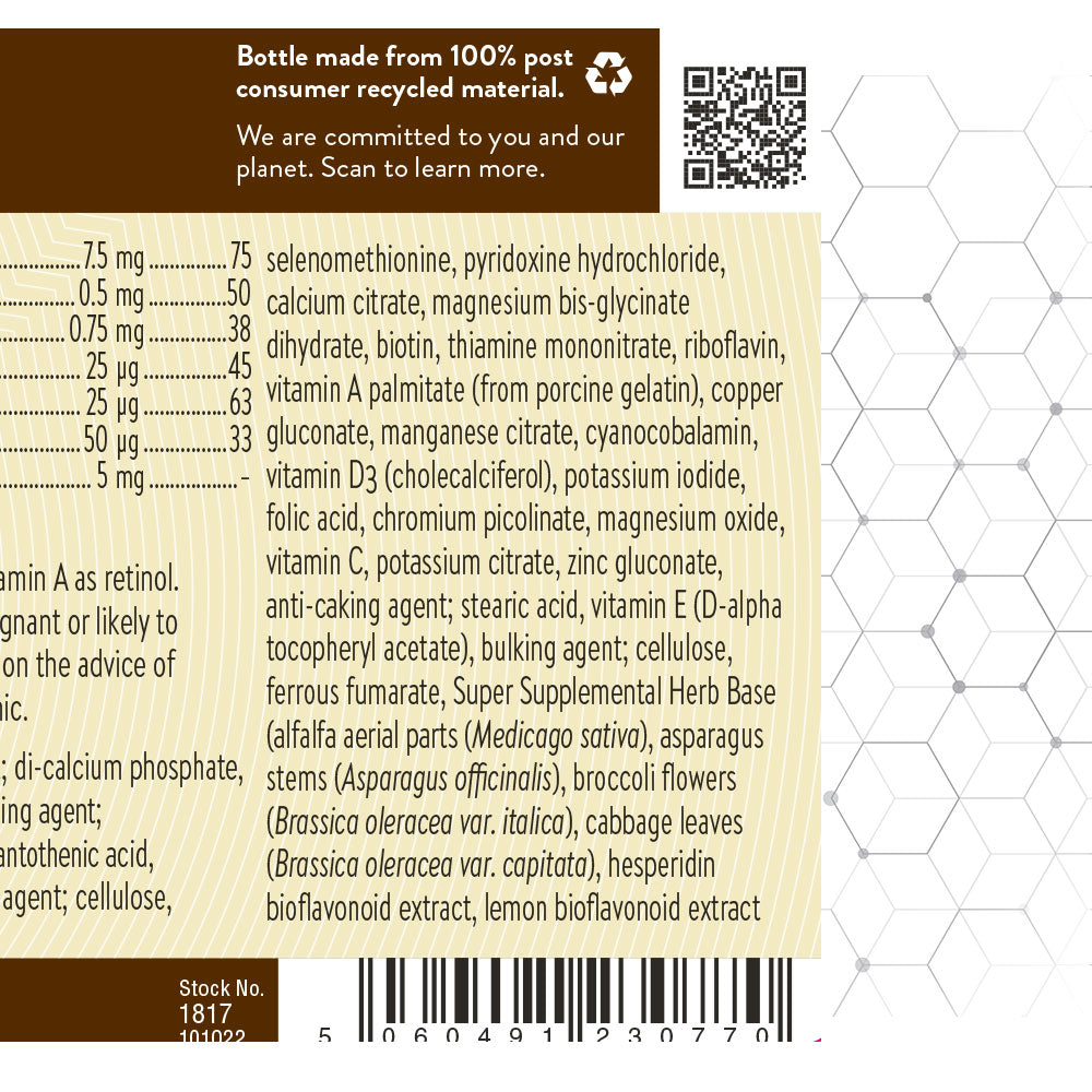 Ingredient label for Bottle of Nature's Sunshine's Super Supplemental Vitamins and Minerals