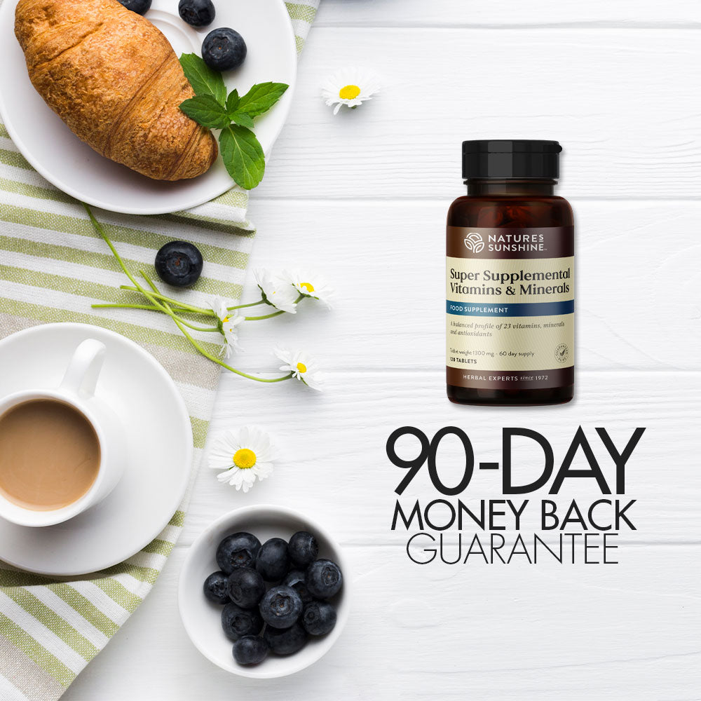 90-day money-back guarantee for Nature's Sunshine's Super Supplemental Vitamins and Minerals