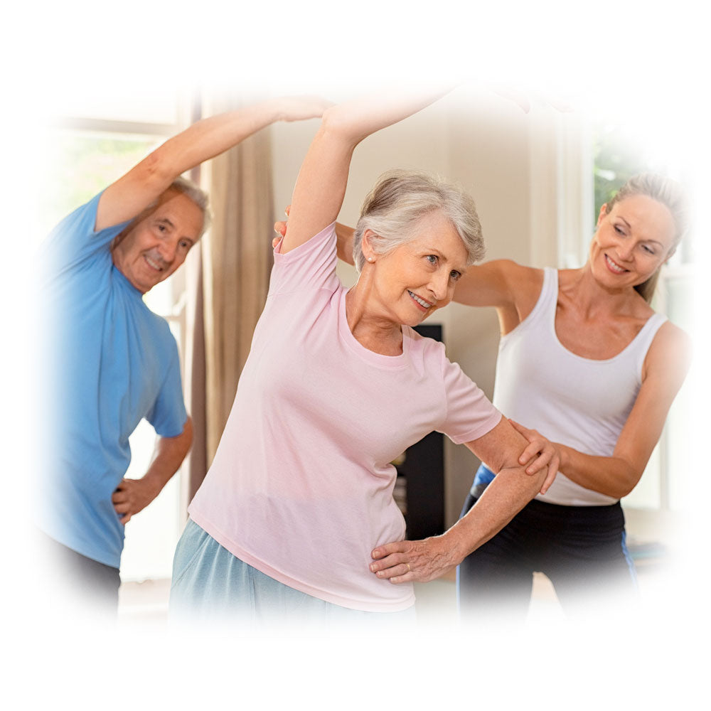 Elderly couple doing side stretches for bone health with Lily & Loaf wellness tips.