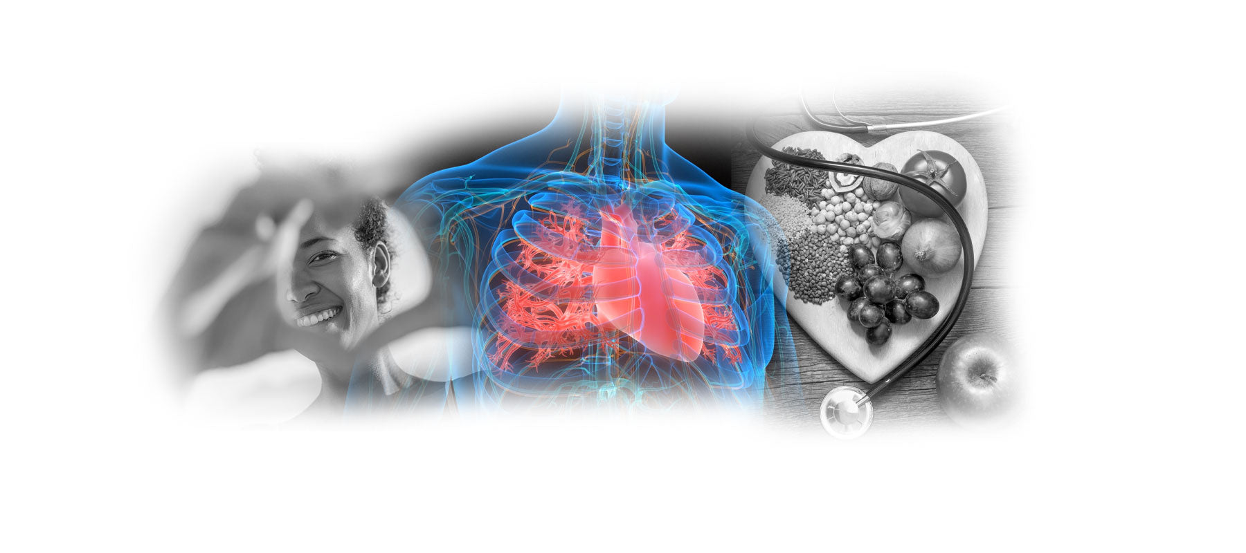 A composite image showing a happy person, a glowing heart illustration, and a heart-shaped bowl of fruits and grains, depicting a holistic heart health concept.