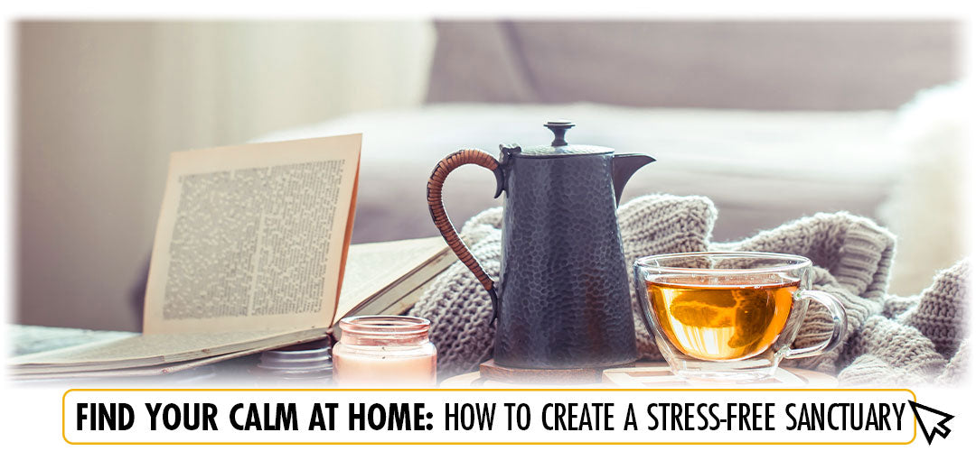 Cozy home setup with tea and book, inviting a stress-free sanctuary.