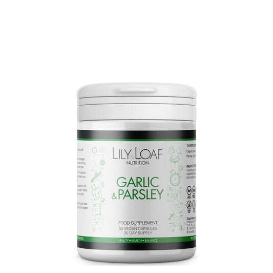 Lily & Loaf Garlic & Parsley supplement, natural health capsules in white container.