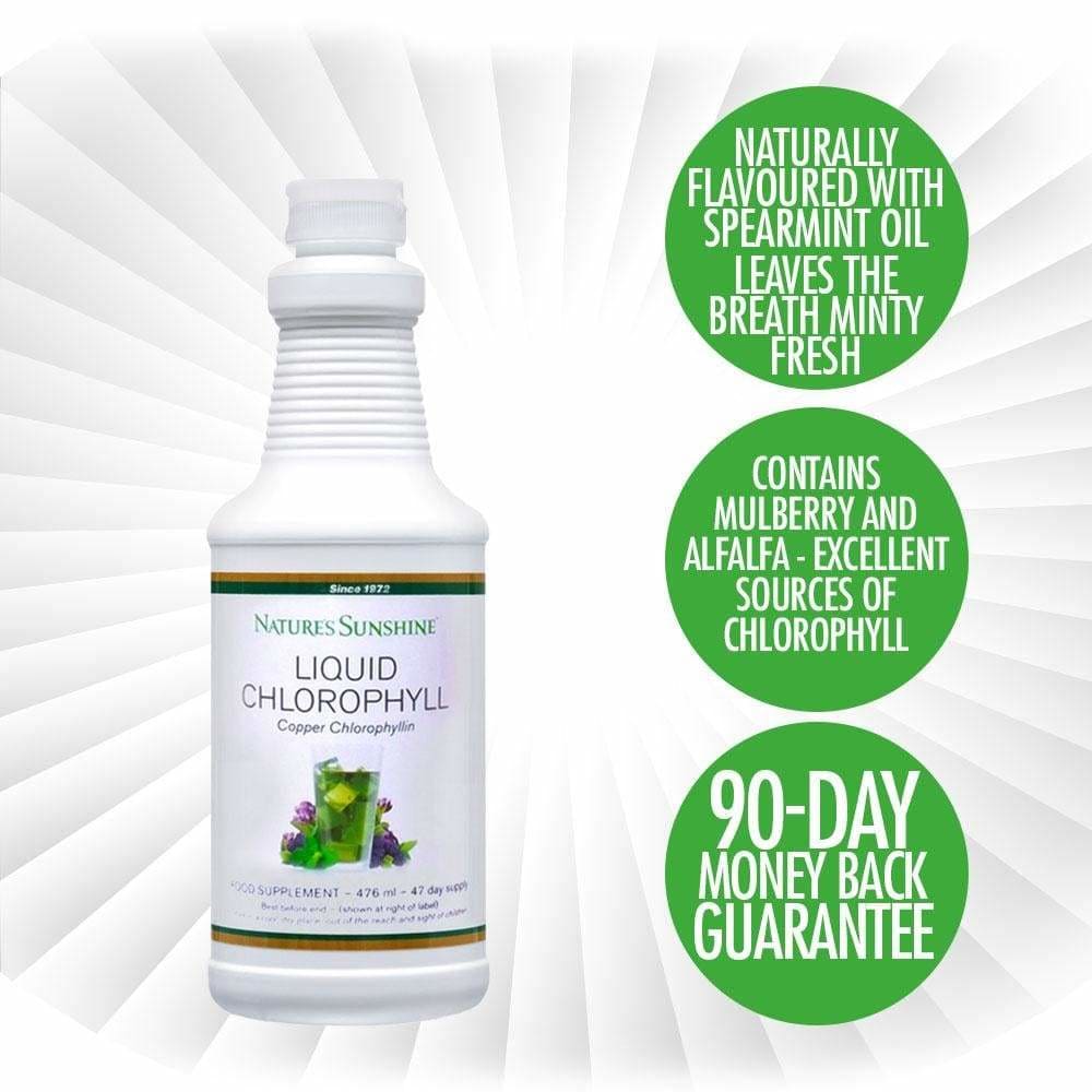Nature's Sunshine Liquid Chlorophyll with spearmint for fresh breath and alfalfa, backed by a 90-day guarantee.