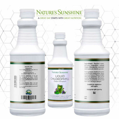 Nature's Sunshine Liquid Chlorophyll bottles from multiple angles, detailing nutritional content and use.