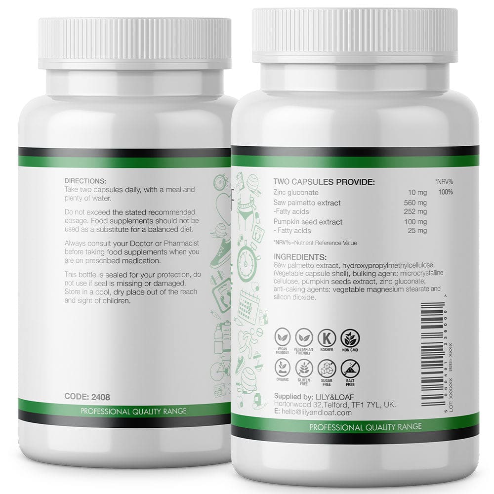 The image is of two bottles of Lily & Loaf's Organic Prostate Support dietary supplement showing the front and back labels. The back label provides detailed product information.