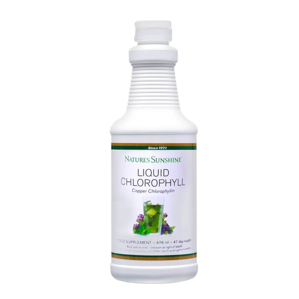 Nature's Sunshine Liquid Chlorophyll supplement, detoxifying solution in a white bottle.