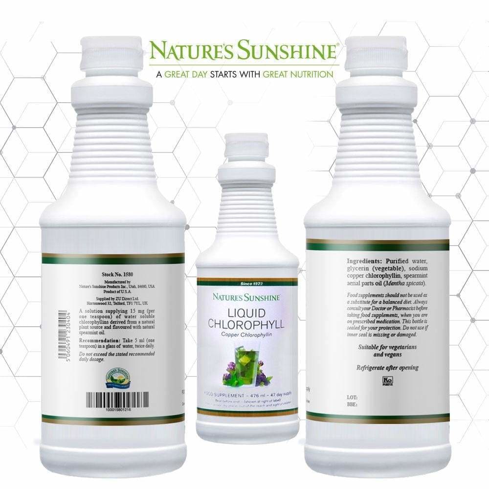 Nature's Sunshine Liquid Chlorophyll bottles, with label listing ingredients for nutritional support.