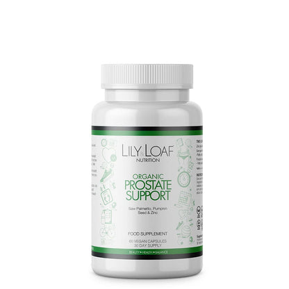 Lily & Loaf Organic Prostate Support supplement, natural formula in white bottle.