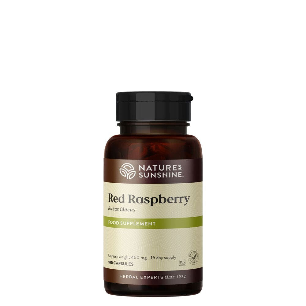 Nature's Sunshine Red Raspberry herbal supplement bottle by Lily & Loaf, 100 capsules.