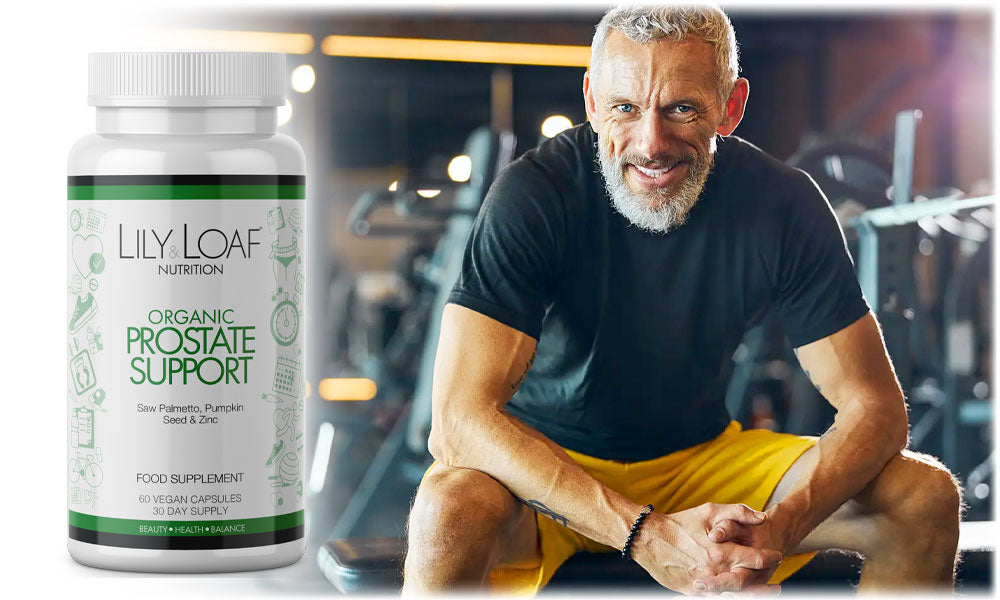 Fit senior man in gym with Lily & Loaf Organic Prostate Support for health maintenance.