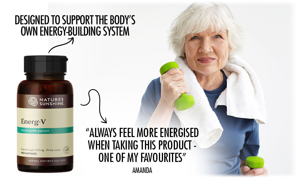 Senior woman with Energ-V supplement, Lily & Loaf's formula for sustained vitality.