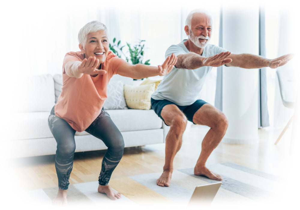 Elderly couple exercising together, enjoying Lily & Loaf's support for active aging.