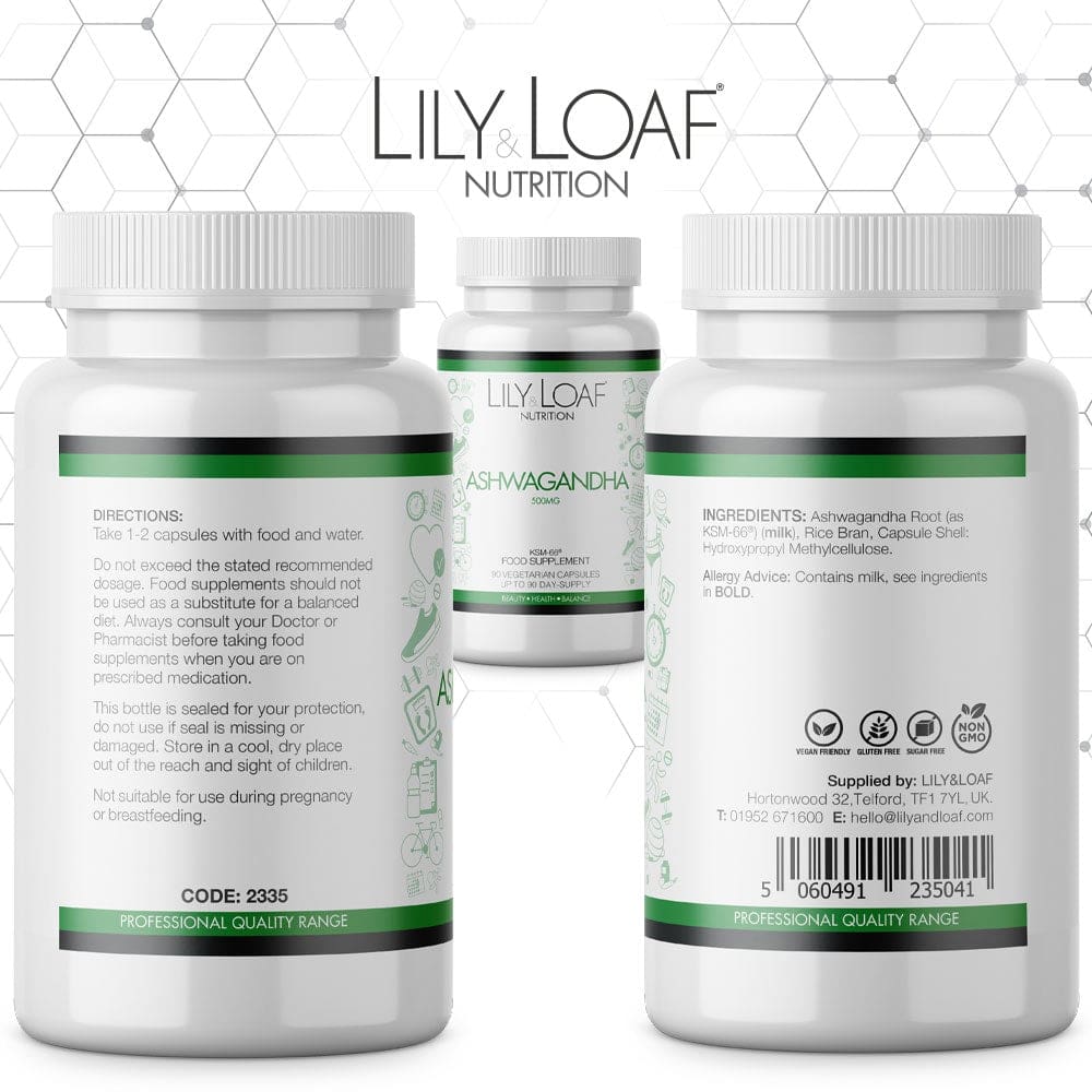 Lily & Loaf Nutrition Ashwagandha 500mg, 90 vegetarian capsules for stress relief and vitality.