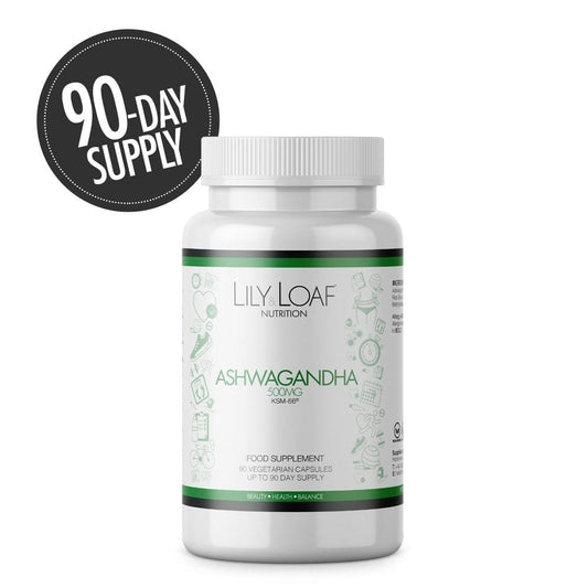 Lily & Loaf Ashwagandha capsules, 90-day supply for stress relief and vitality.