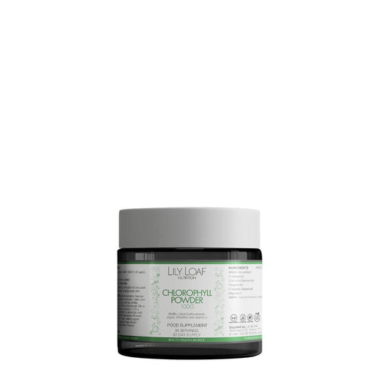 Lily & Loaf Chlorophyll Powder jar, green superfood supplement for wellness.